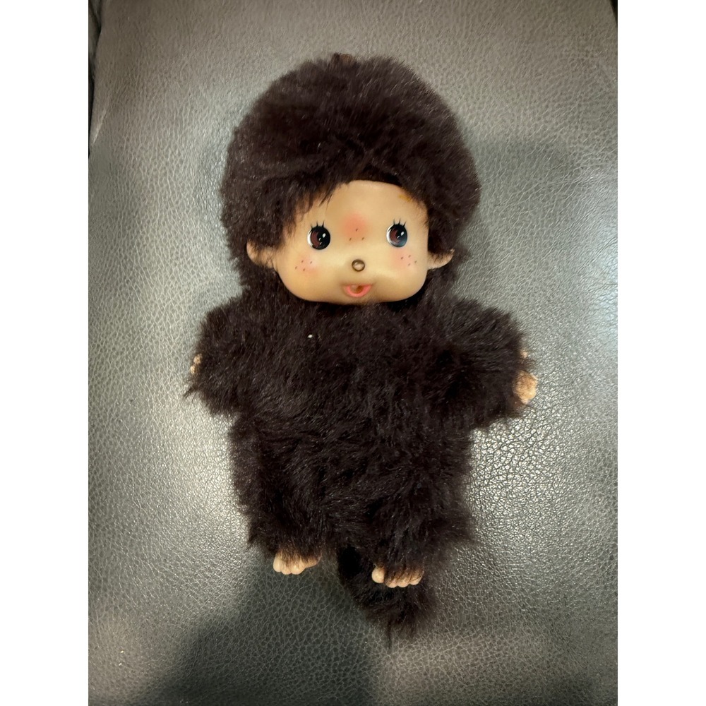 Vintage Monchhichi Style Brown Monkey Plush Doll Freckled Face Retro Toy